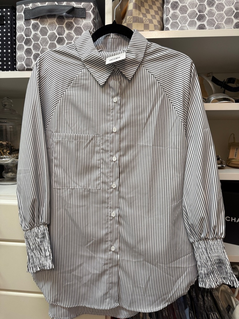 Striped Button-Up Shirt with Smocked Cuffs - Black & White